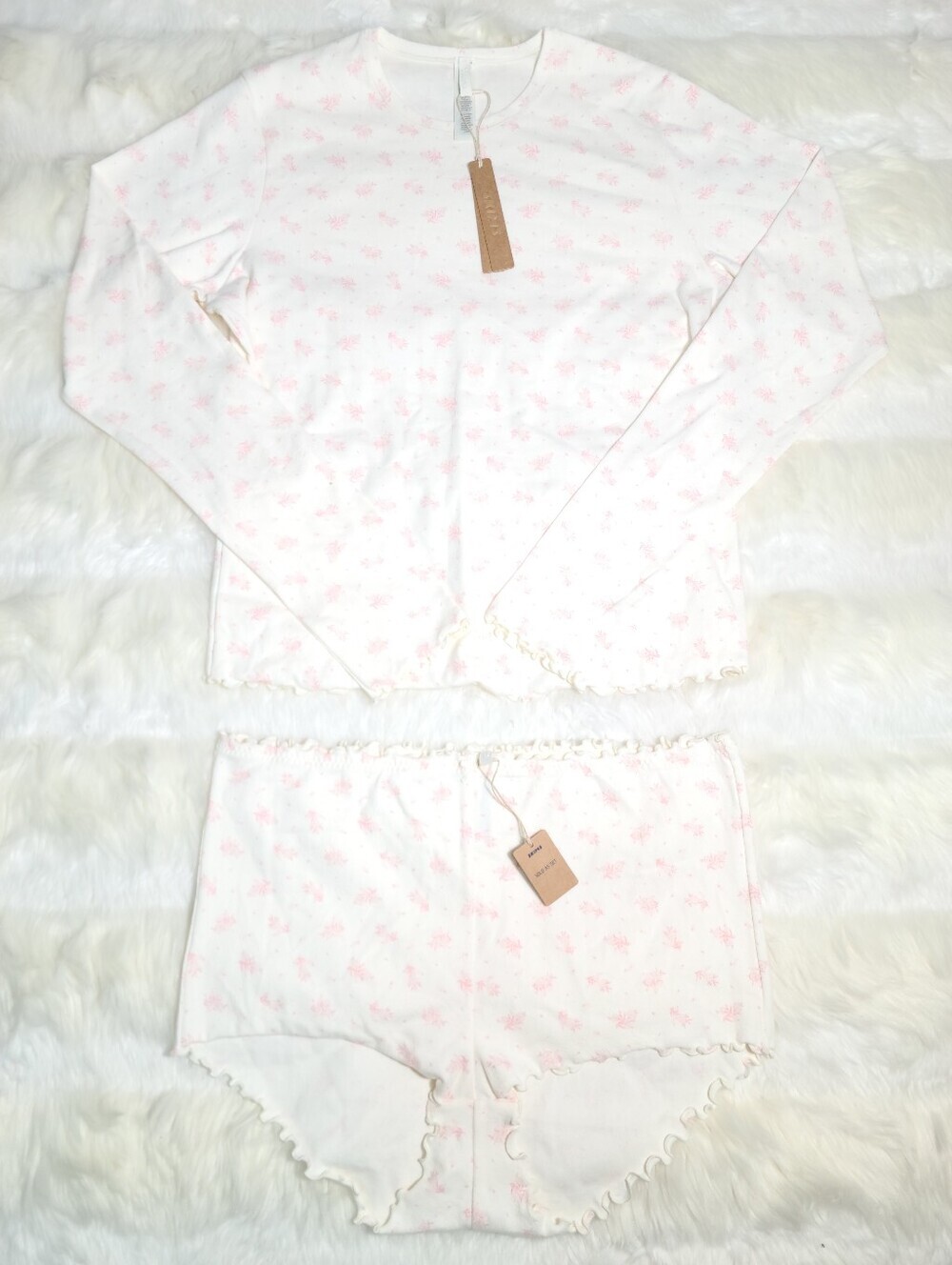 SKIMS Pointelle Long Sleeve Top Bottom Set Halite Floral Print Women 2X NEW
